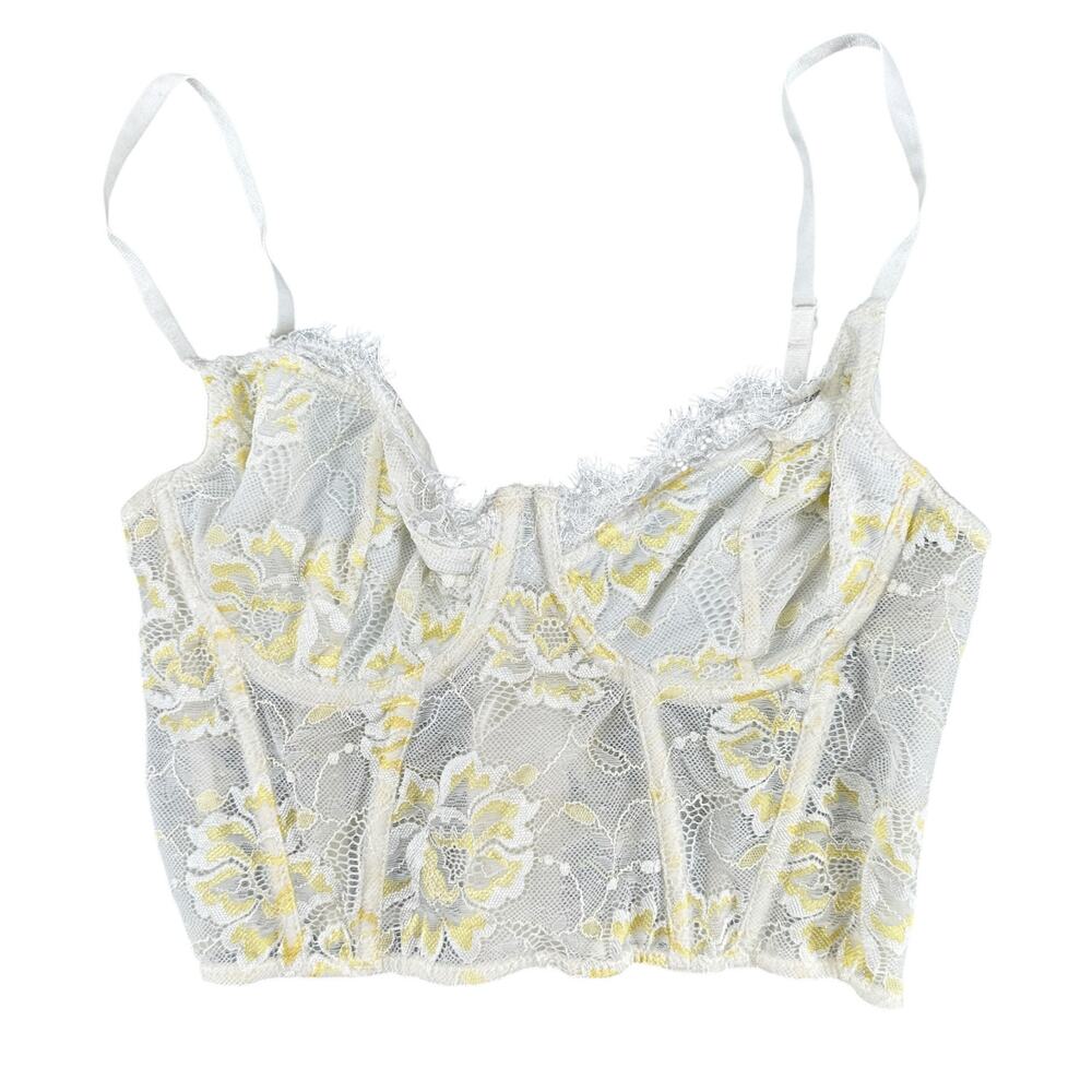 Y2K Retro Fairycore Corset Lace Sheer White Yellow Floral  Caged Boning XL